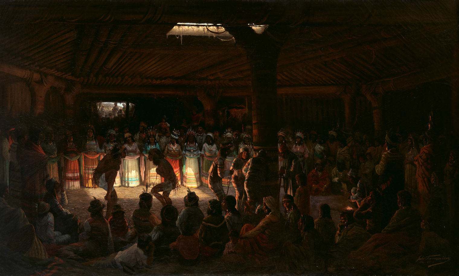 A painting of a dark room lit by a fire, with dancers