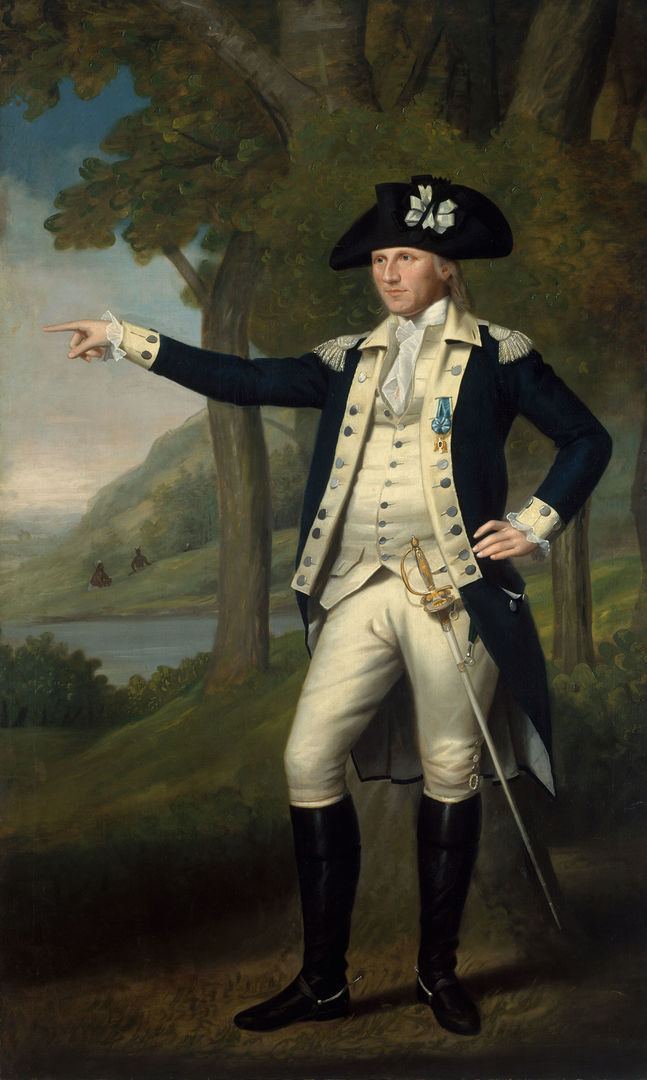 A portrait of a white man wearing an 18th-century military outfit