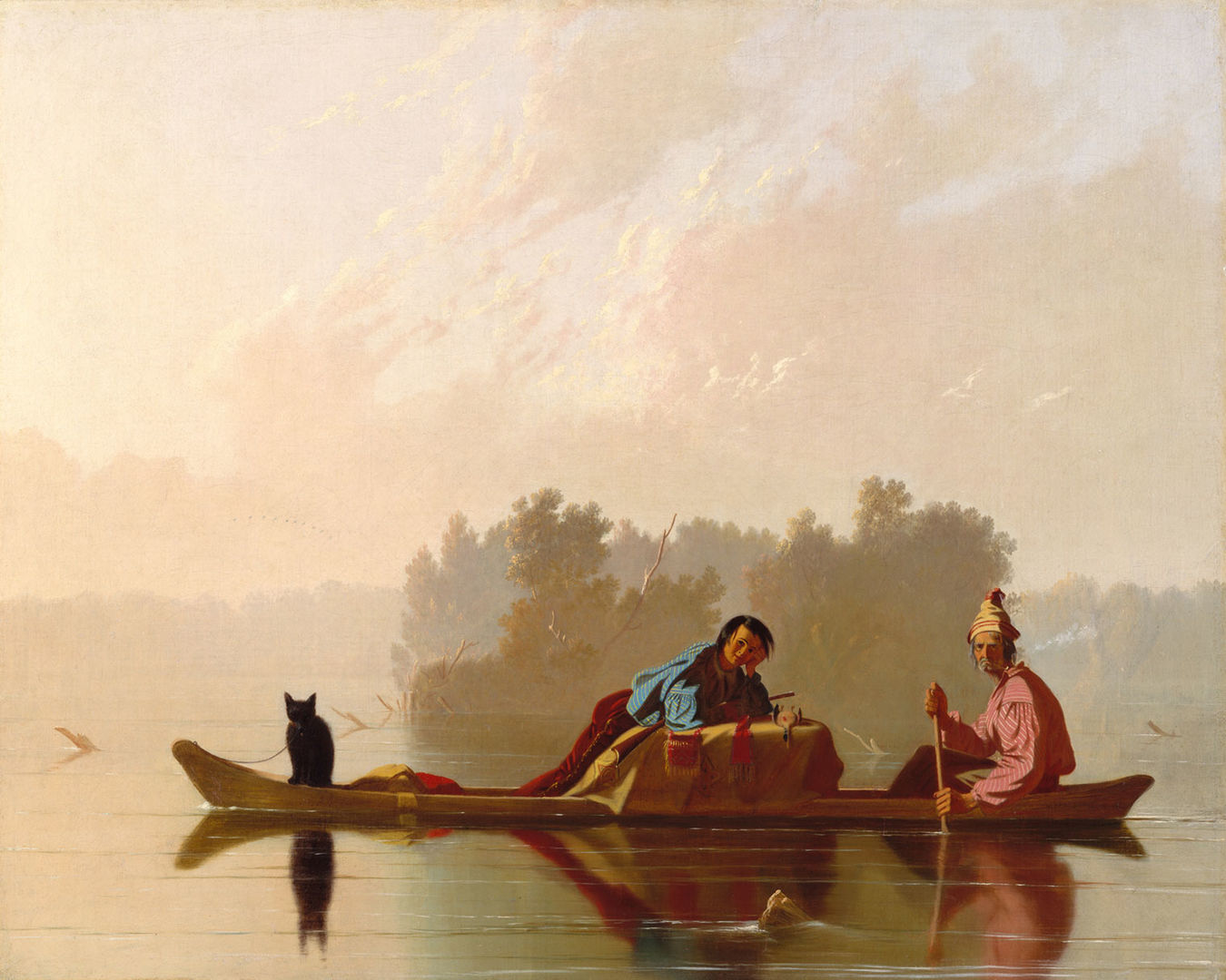 A painting of two figures rowing a canoe through an early morning landscape