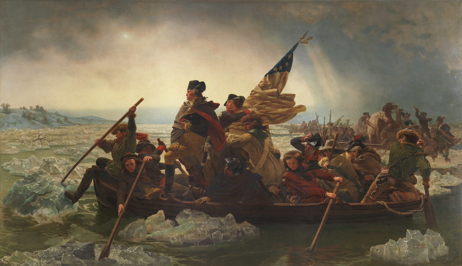 A painting depicting a scene from the American Revolution, with George Washington standing in the bow of a boat being rowed across a wide river