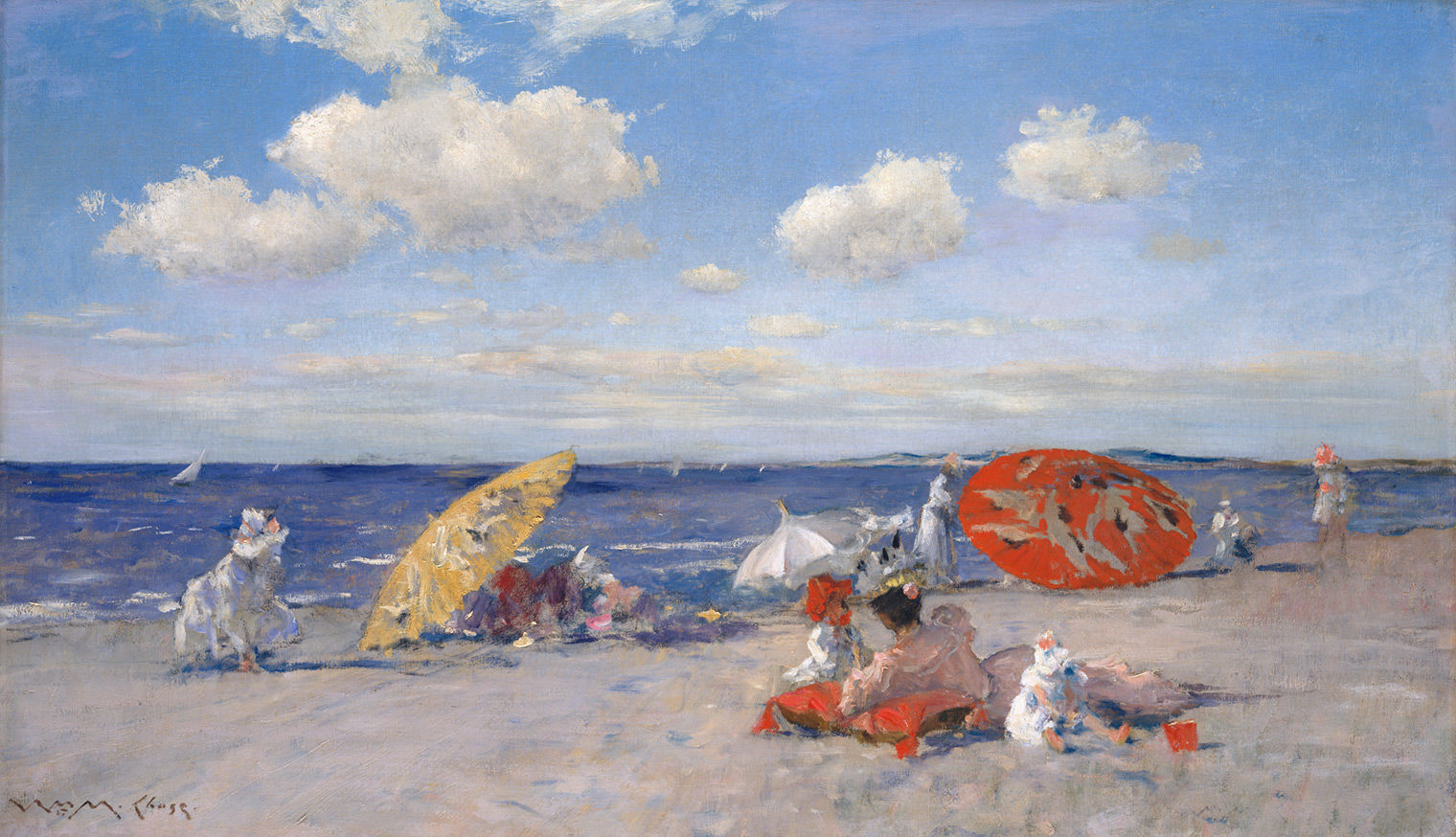 A painting of several groups of people at the beach, with parasols and umbrellas