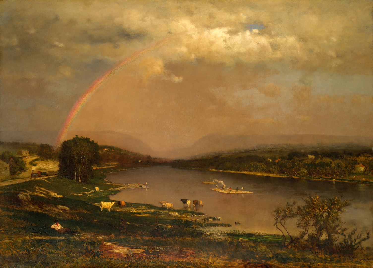 A painting of a rainbow stretching across a river, with a yellow haze