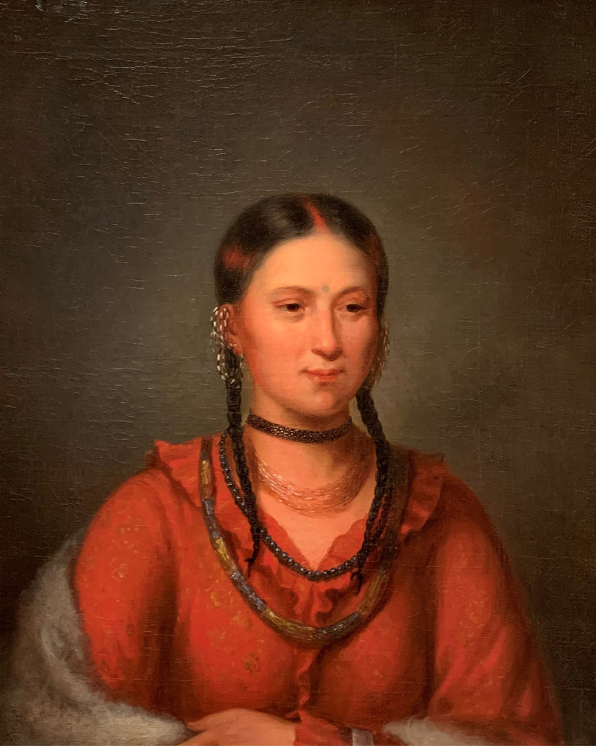 A painted portrait of a woman wearing a red dress with her hair in two braids
