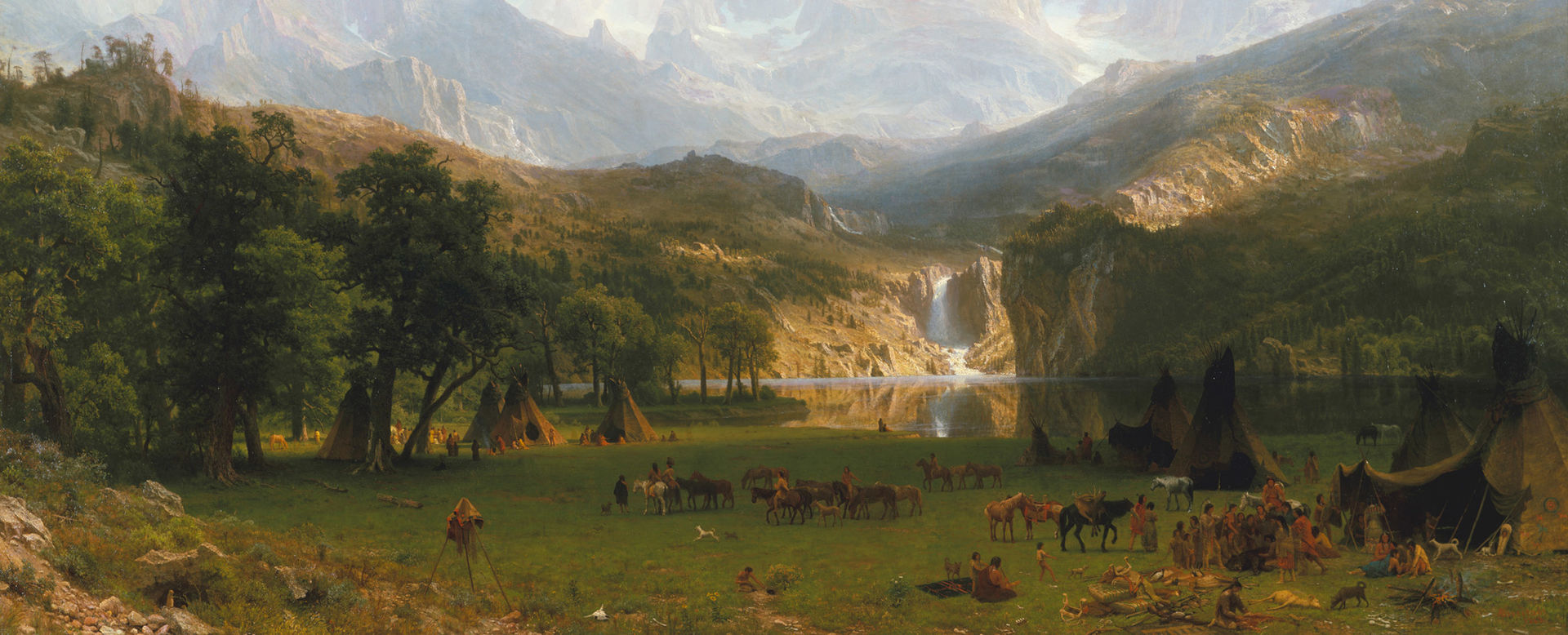 A painting of a landscape with mountains and a waterfall, and Native Americans camped in the foreground