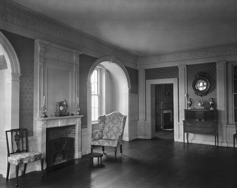 A view of the marble mantel and overmantel