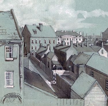 A drawing of downtown Petersburg, VA by William Murray Robinson in 1836.