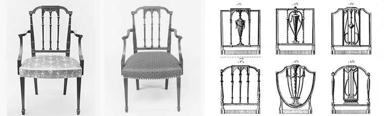 Left: Upholstered chair donated by members of the Committee of the Bertha King Benkard Memorial Fund; Center: Upholstered chair donated by members of the Committee of the Bertha King Benkard Memorial Fund; Right: Plate 36 in Thomas Sheraton's Cabinet-Maker and Upholsterer's Drawing-Book (1793)