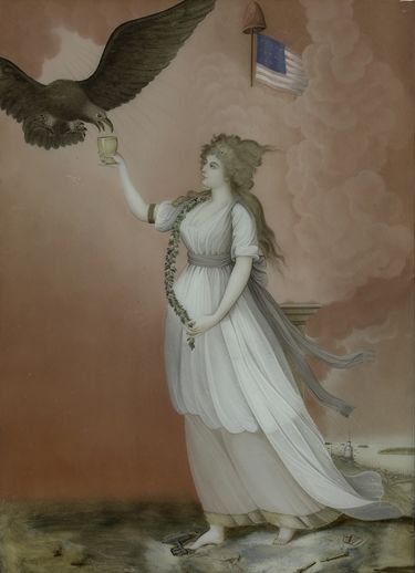 Chinese painting based on 1796 engraving of a woman feeding an eagle from a cup with an American flag in the background.