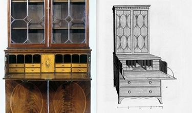 Left: Interior of secretary showing its marquetry shell. Right: Plate 44 in George Hepplewhite's "Cabinet-­Maker arid Upholsterer's Guide" (1788)