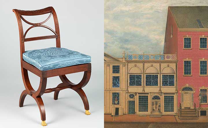A chair and a painting of Duncan Phyfe's workshop