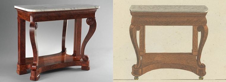 Left: A wooden clawfoot pier table table with a marble surface. Right: Hand drawn design of a contemporary pier table