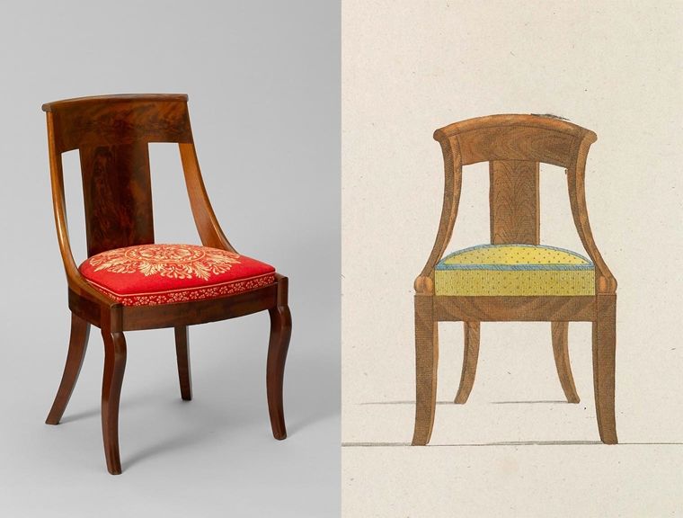 Left: A wooden side chair. Rigth: Hand drawing of a design for a contemporary side chair