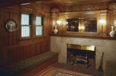 Photograph of the fireplace and interior of the Metcalfe Stair Hall 