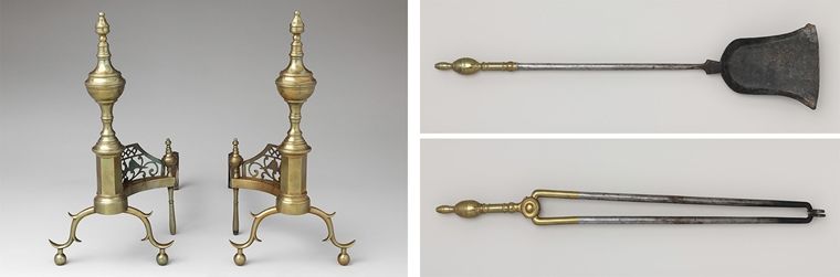 Photographs of brass andirons, a fire shovel and fire tongs made from steel with brass handles
