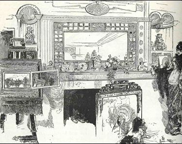 A black and white illustration of a American parlor in the late nineteenth century