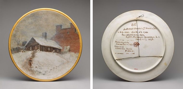 Two sides of an earthenware, polychrome plaque depicting a winter landscape