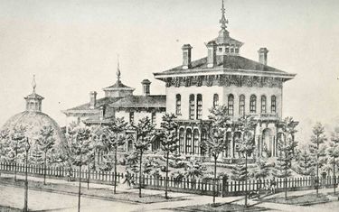 Lithograph of the Metcalfe Italianate villa on the corner of North and Summer Streets in Buffalo