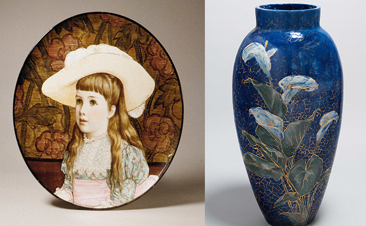 Painted portrait of a young girl on a plaque on the left, painted vase on the right.