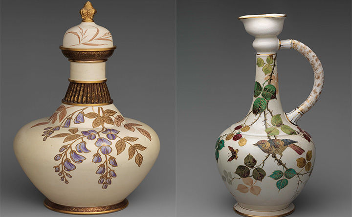 Ceramic covered vase on the left, ceramic ewer on the right.