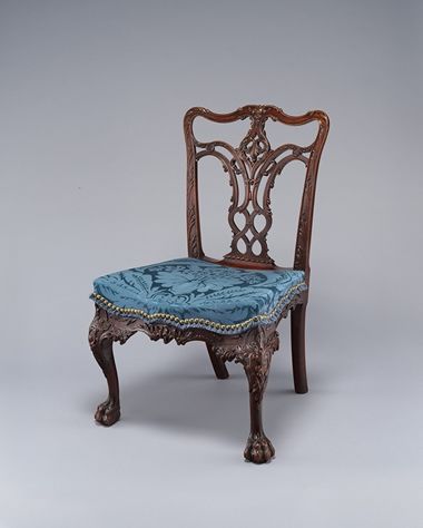 Mahogany side chair with light blue upholstery