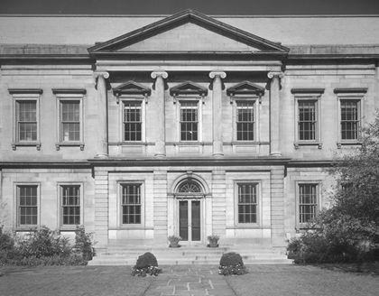 Black-and-white photograph of a Neoclassical bank facade