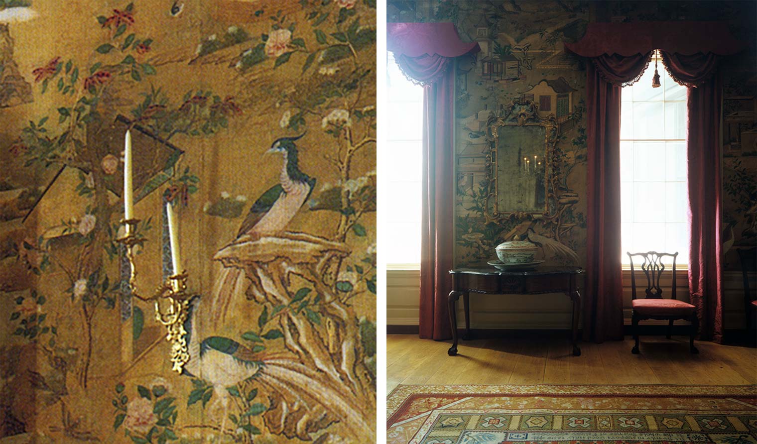 Composite image: on left, close-up of the wallpaper in the Powel Room, with birds and foliage on a gold background. On right, view of the windows and drapery in the Powel Room