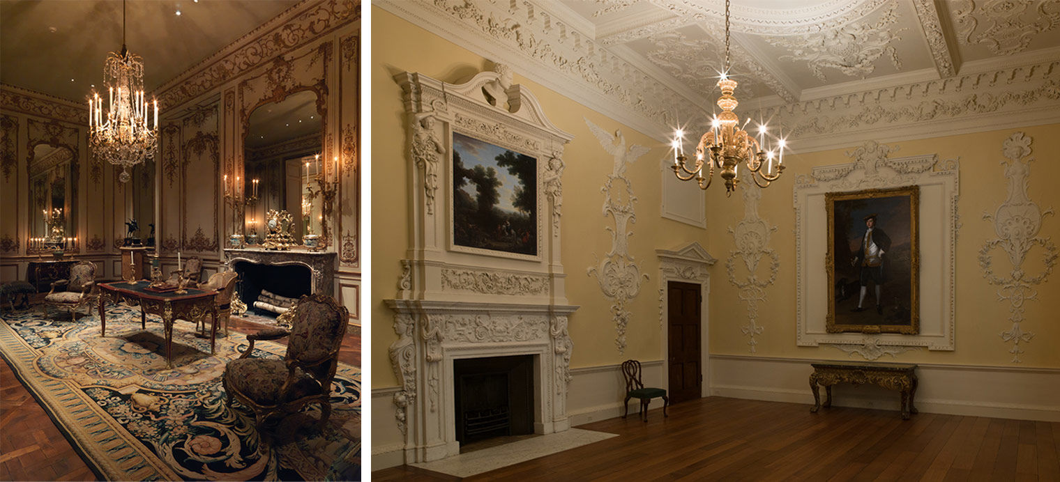 Composite image: on left, a view of the French Rococo-style study of the Hôtel de Varengeville at The Met. On right, a view of the British Rococo-style Kirtlington Park dining room at The Met.