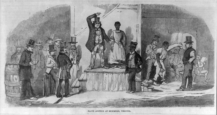 Illustration of an enslaved individual being auctioned in Richmond