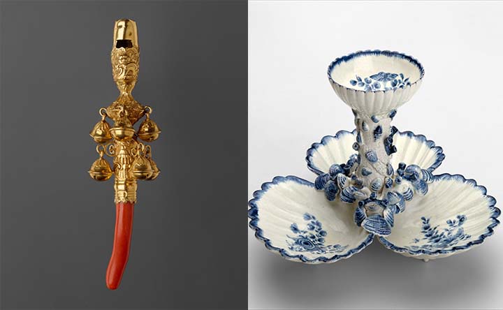 Left: A golden whistle decorated with hanging bells. Right: A blue and white pickle stand with four attached bowls for various comfits.