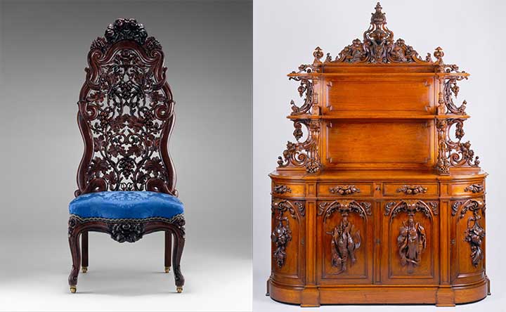 Left: An ornate side chair. Right: A bookshelf and armoire.  