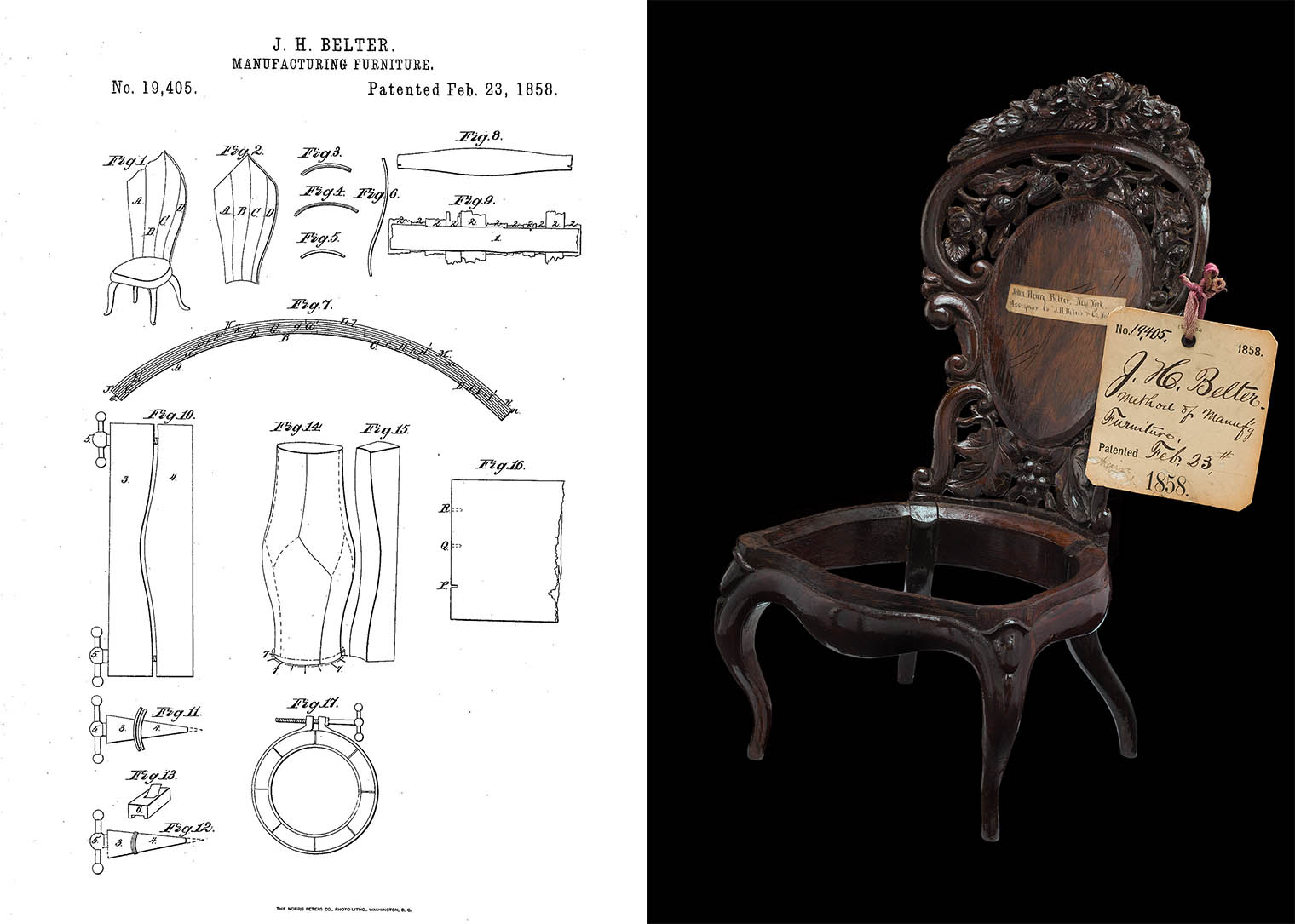 Left: an illustration from US Patent 19,405 exhibiting models of components of John H. Belter's technology. Right: An image of a model of the chair from the collection of The Smithsonian NMAH