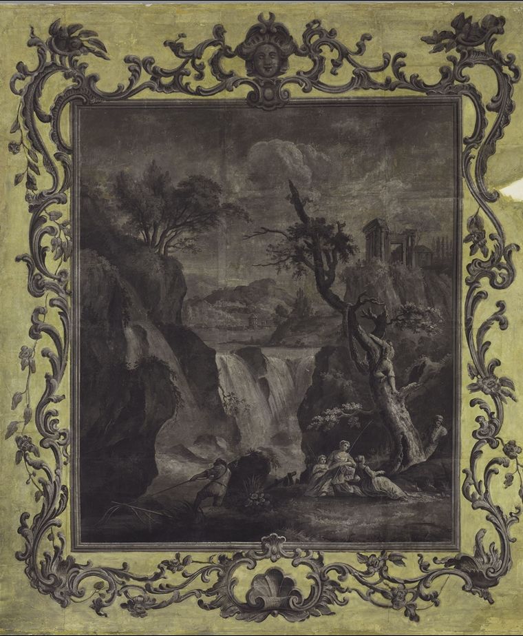 Wallpaper copied from an engraving by Jean Jacques Le Veau (1729–1786) that was adapted from a painting by Charles François Lacroix.