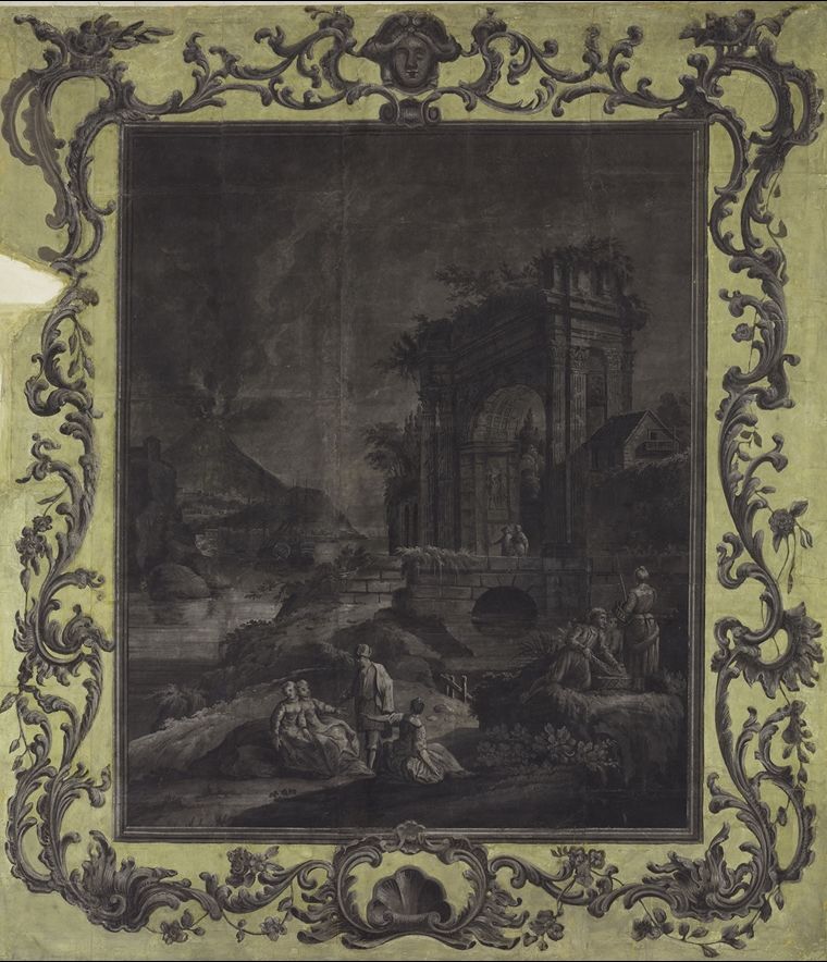Scene in wallpaper copied from an engraving by Jean Jacques Le Veau (1729-1786) that was in turn adapted from a painting by Charles François Lacroix 