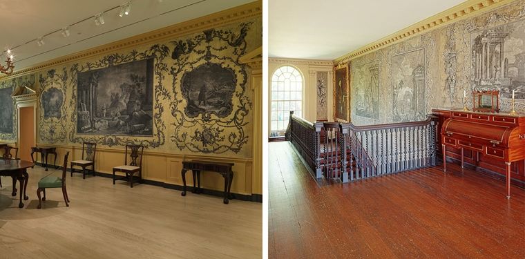 Side by side images of wallpaper in Jeremiah Lee Mansion and in Van Rensselaer Hall.