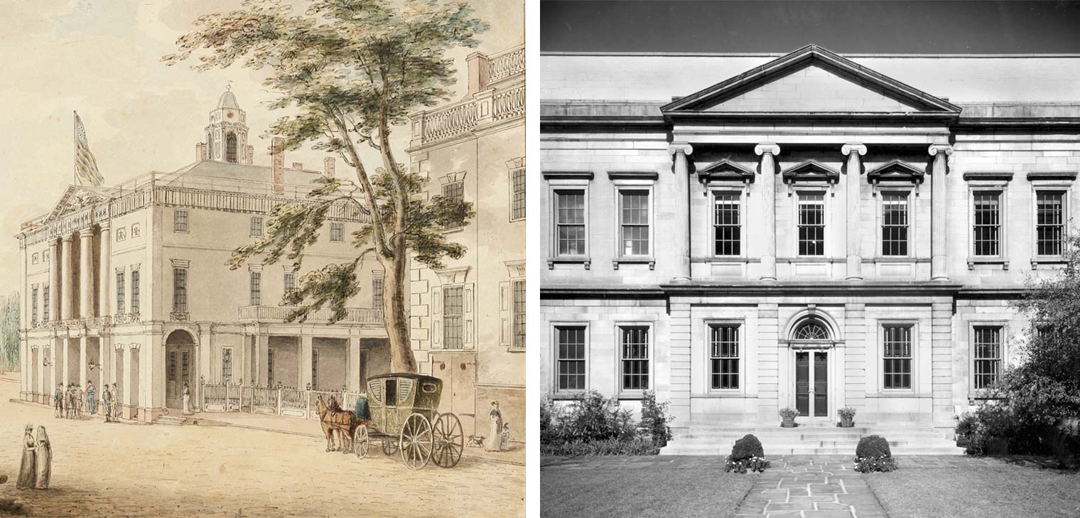 Composite image: Left: Drawing of Wall Street and New York City Hall in 1789, Right: Archival photograph of the Branch Bank of the United States
