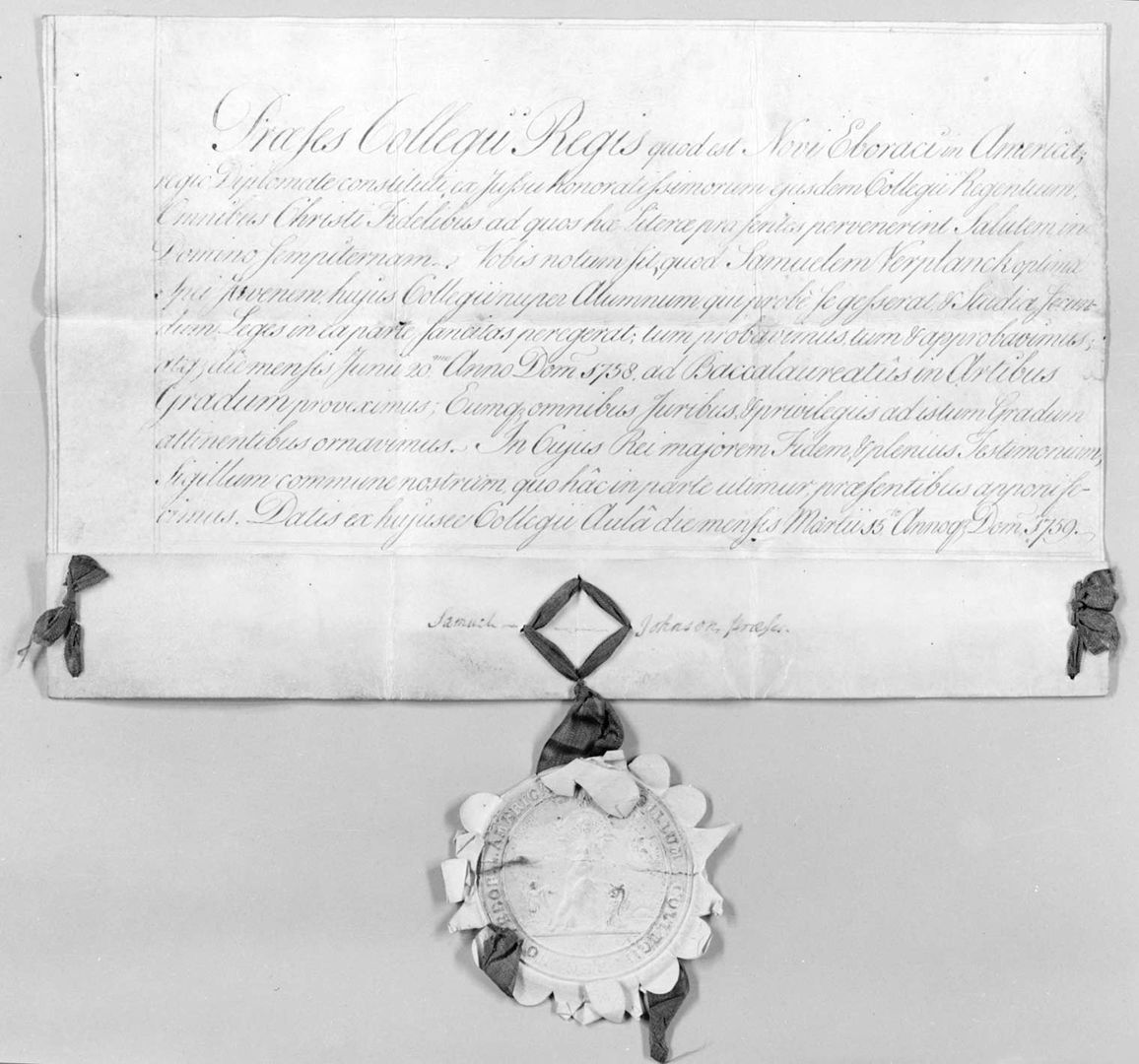 Samuel Verplanck's graduation diploma from King's College in 1759
