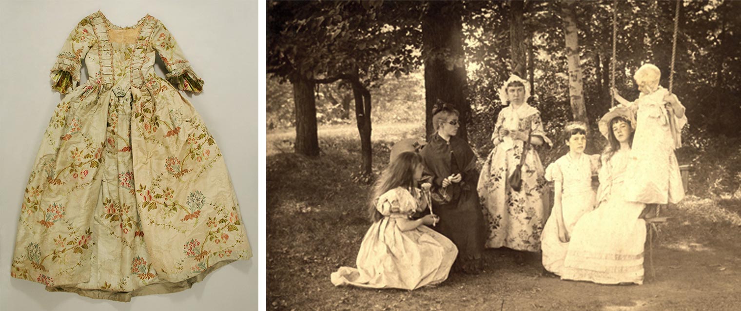 Composite image: Right: off-white wedding dress, Left: Family portrait from 1890, with the woman at center wearing the wedding dress