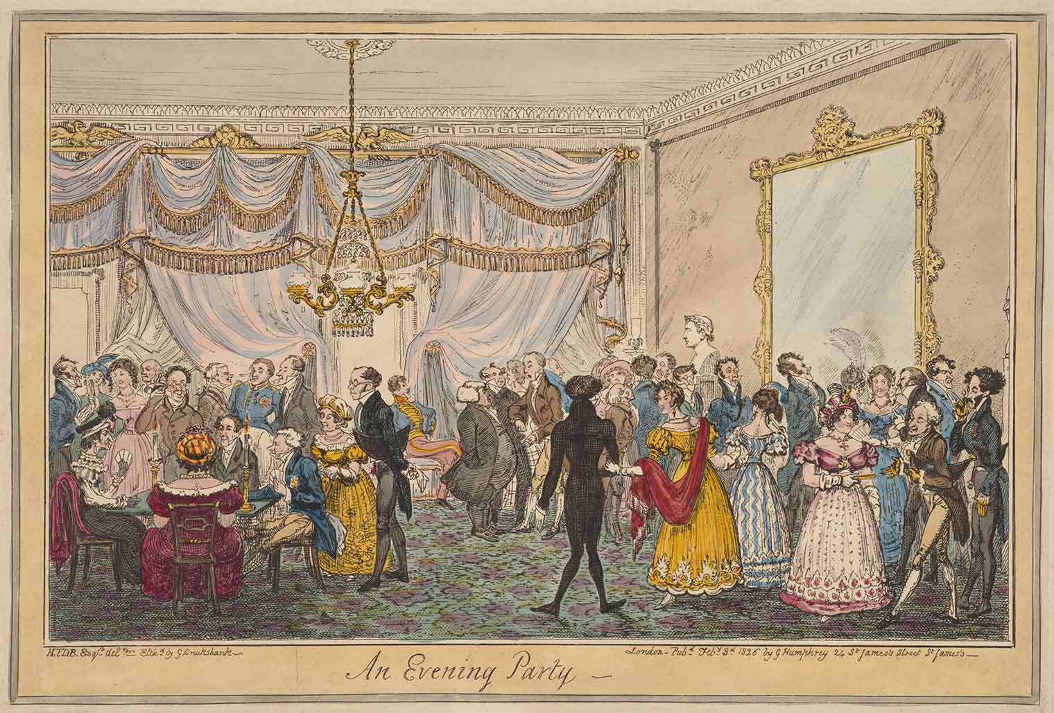 Colored drawing of a Georgian era party in a large, lavish room