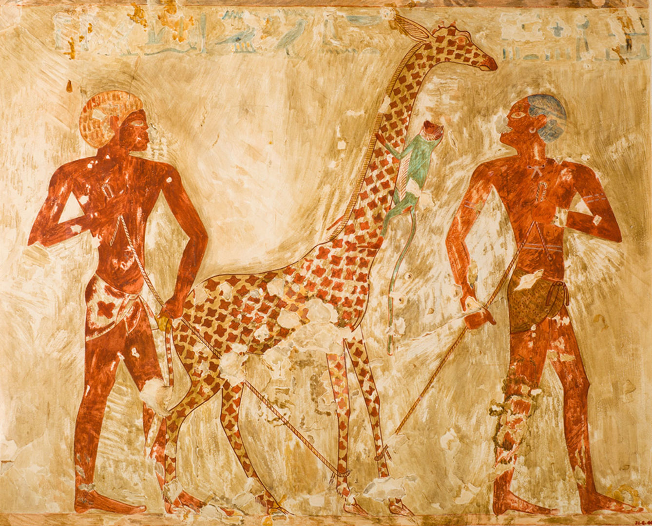 A facsimile painting depicting Nubians with a Giraffe and a Monkey found in Tomb of Rekhmire