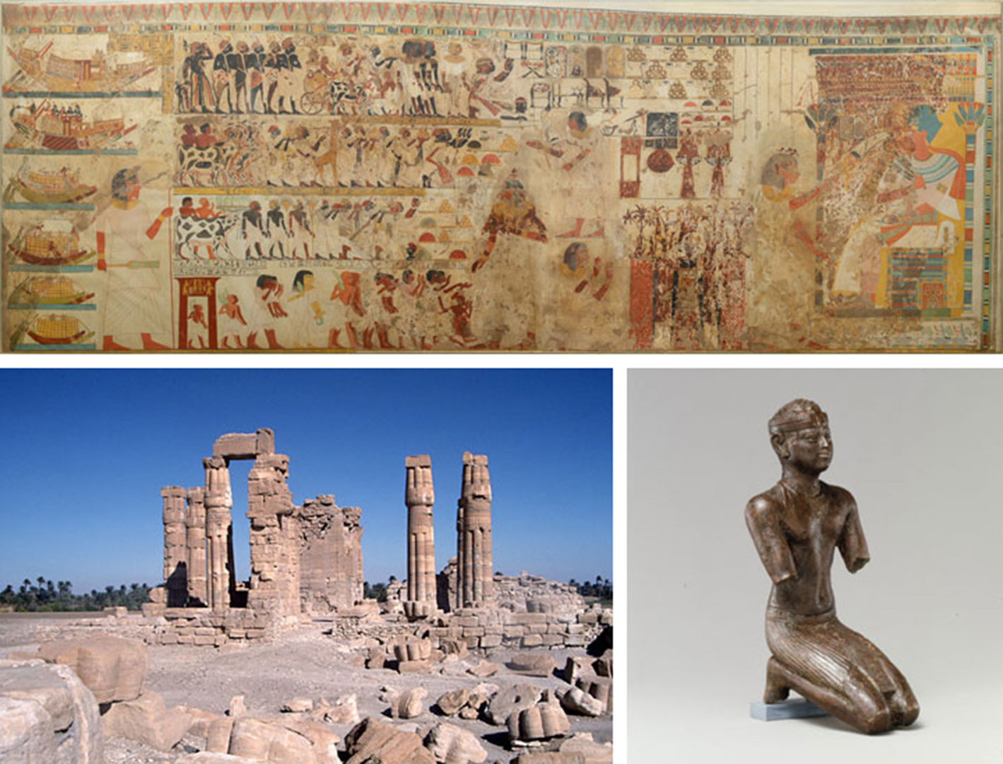 A composite image featuring a facsimile painting depicting Nubian tribute presented to a king, the temple of Soleb built by Amenhotep III (ca. 1390–1352 B.C.) in Upper Nubia, and a bronze figure of a kneeling Kushite pharaoh. 