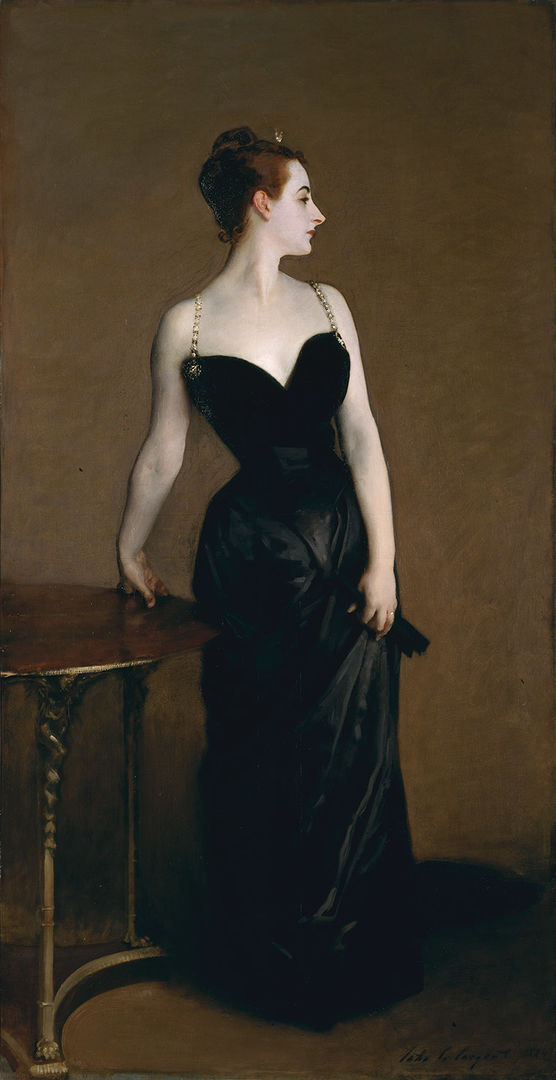 Painting of a woman in a low-cut black dress standing tall and looking off to the side.