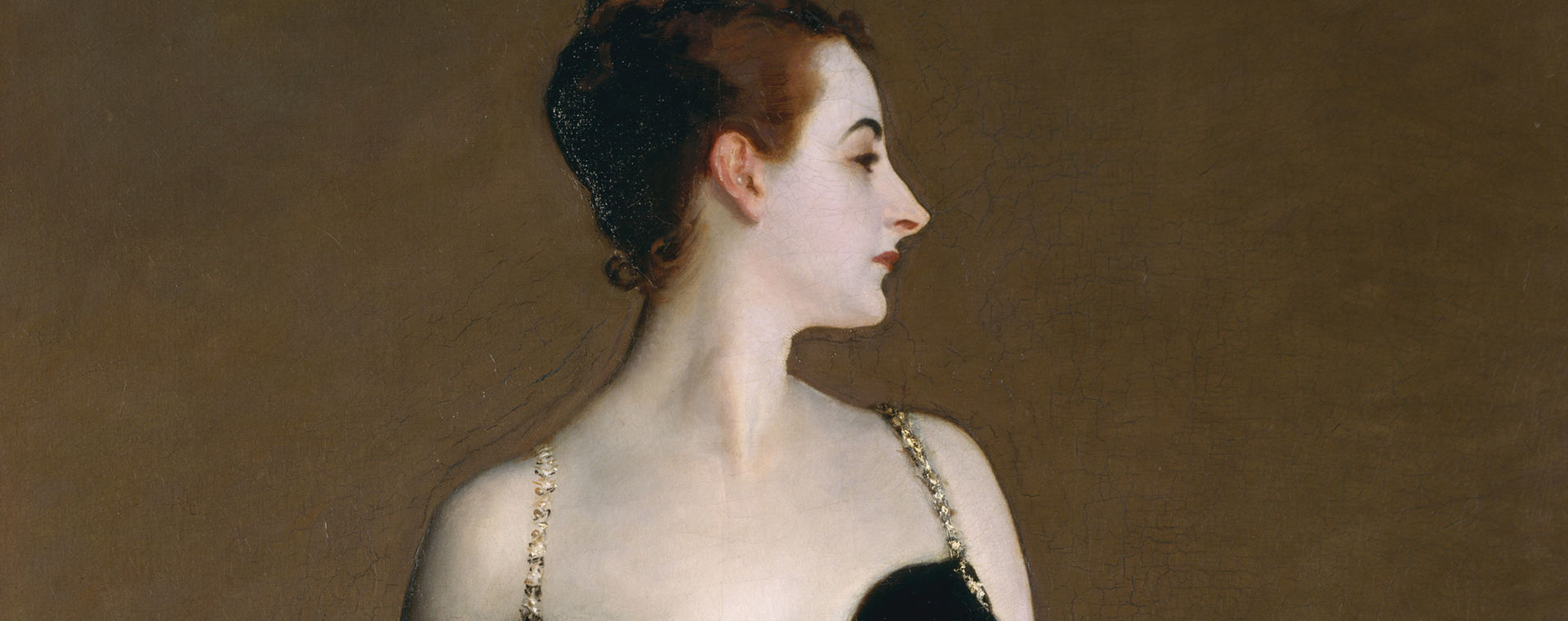 Detail of painting of a woman in a low-cut black dress looking off to the side.