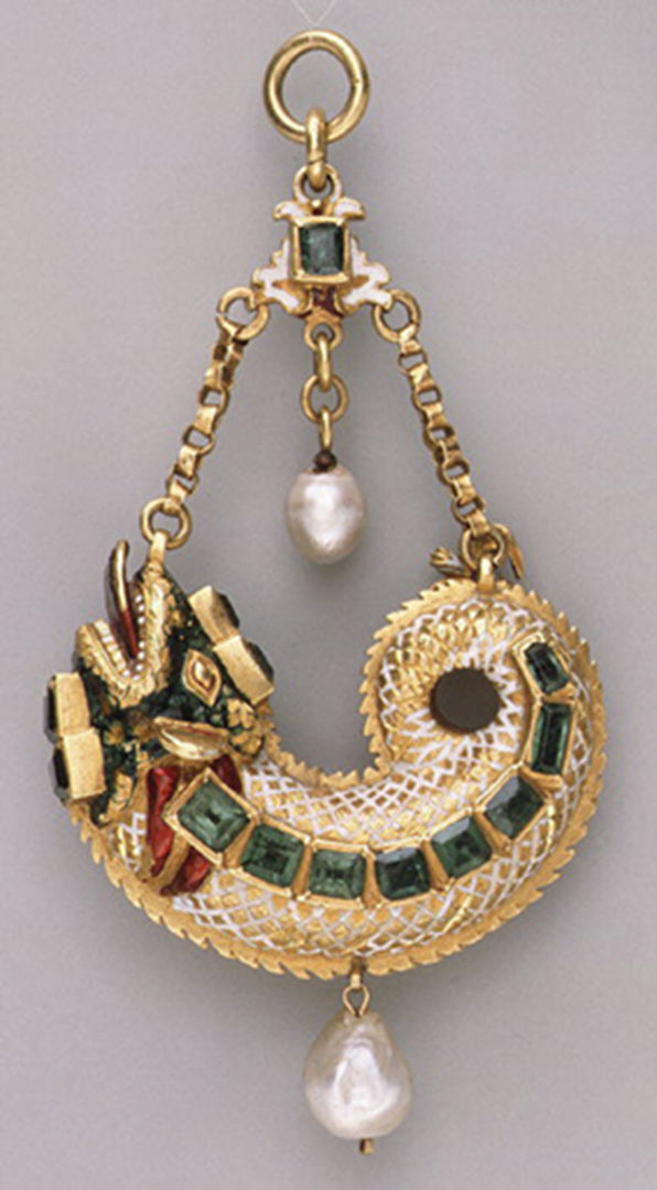 Fish Pendant, Spanish, late 16th–early 17th century. Gold, enamel, pearls, and emeralds.