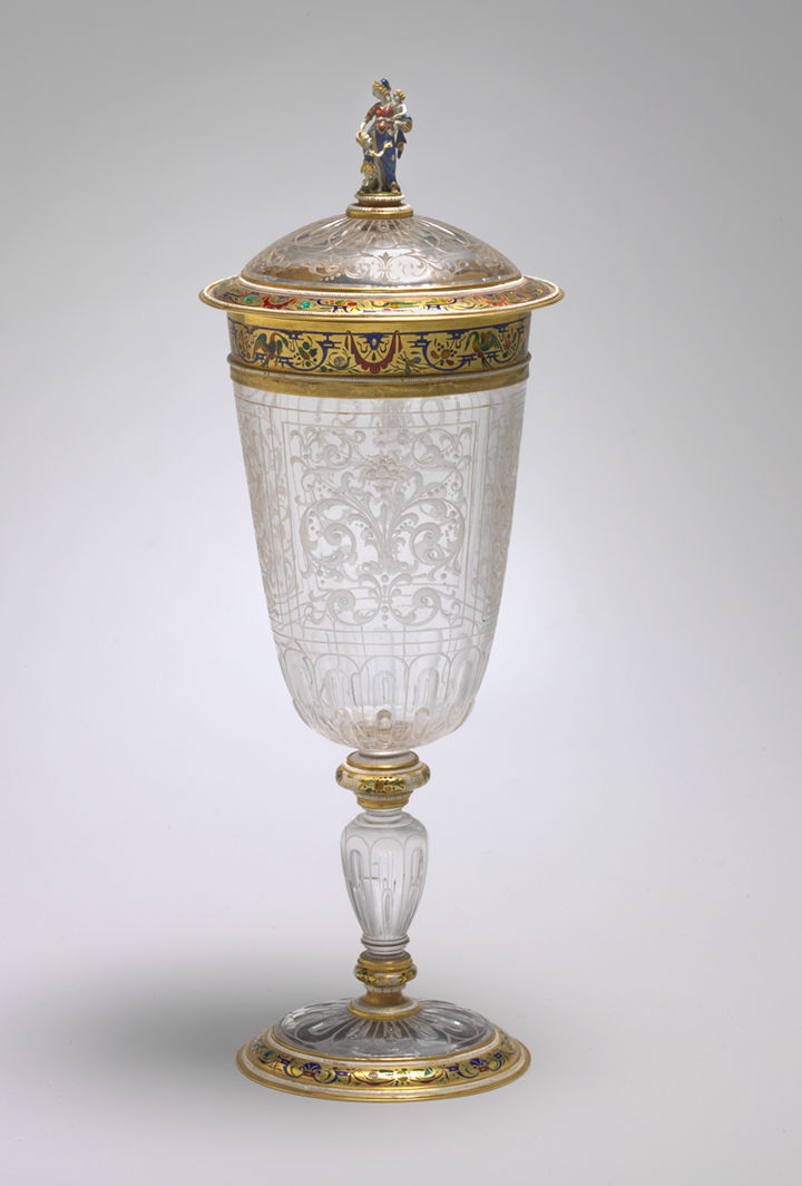 Reinhold Vasters (German, 1827–1909). Cup with cover, 19th century. Rock crystal, enameled gold.