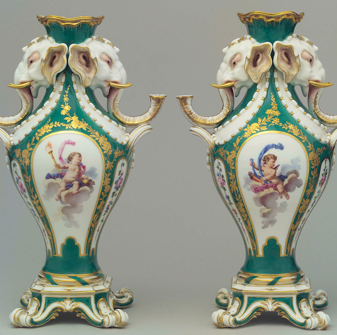 Elephant-head vase (vase à tête d'éléphant), ca. 1756–62. Sèvres Manufactory (French, 1740–present); designed by Jean-Claude Duplessis (ca. 1695–1774, active 1748–74). French, Sèvres. Soft-paste porcelain; H. 15 in. (38.1 cm). The Metropolitan Museum of Art, New York, Gift of Mr. and Mrs. Charles Wrightsman, 1983 (1983.185.9)