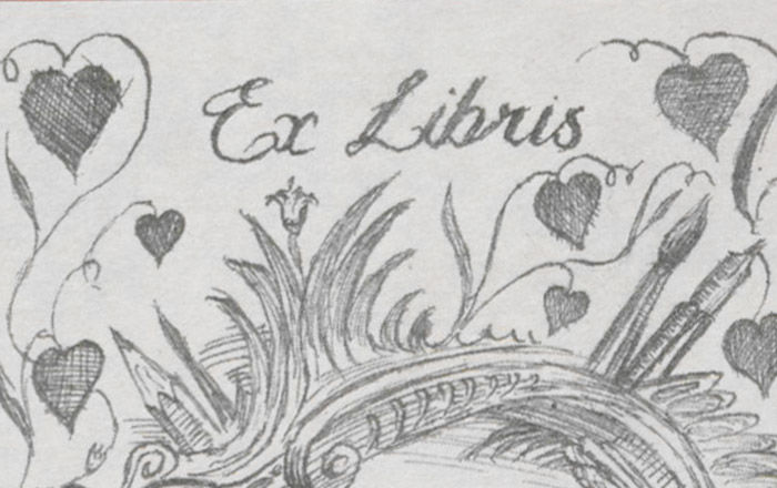 Detail of Jayne Wrightsman's bookplate reading, "Ex Libris"