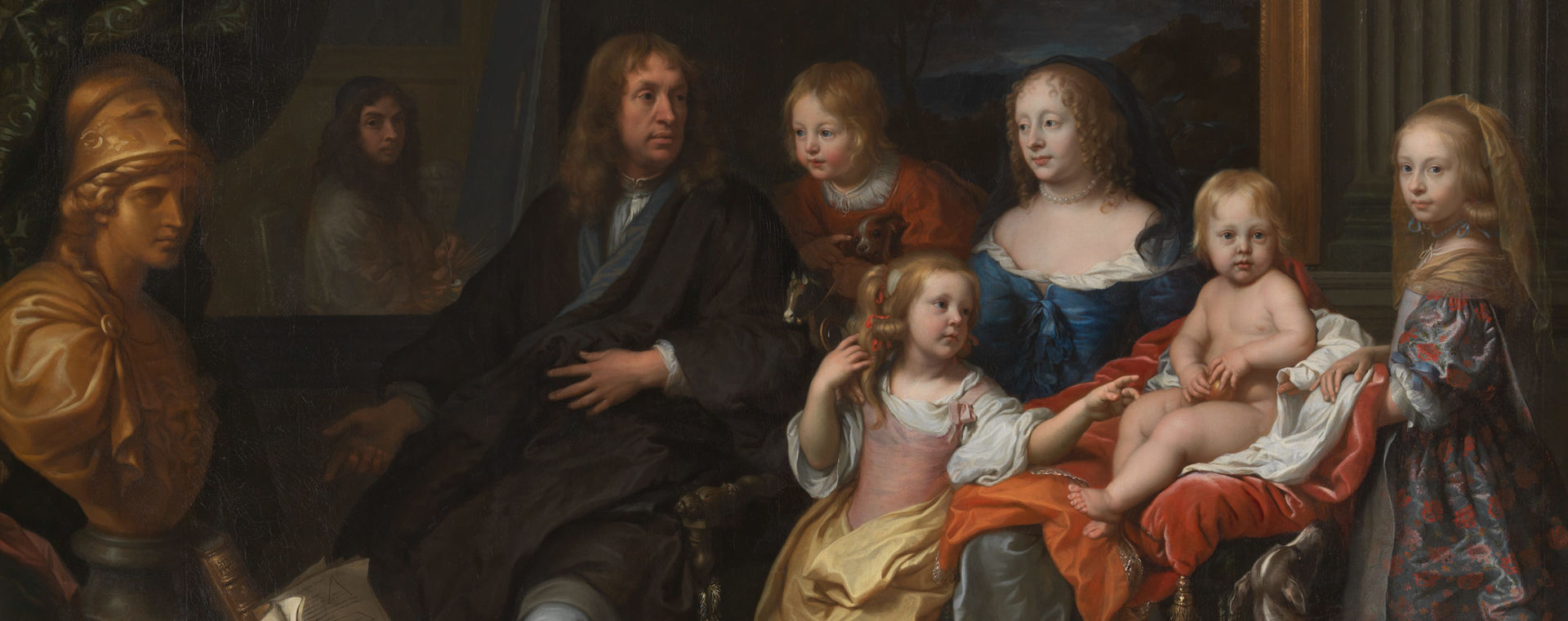 Detail view of Charles Le Brun's monumental painting "Everhard Jabach and His Family," depicting a wealthy European family in an ornately decorated room