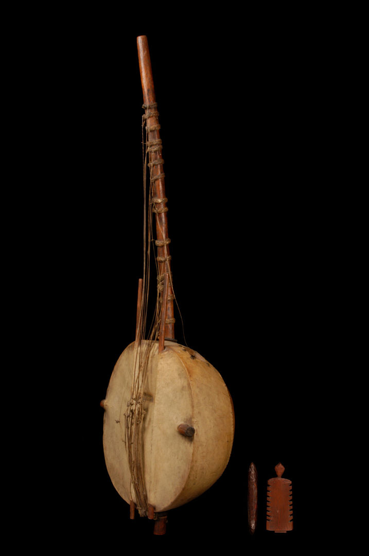 Photograph of a kora, an upright stringed instrument with a large round body and many strings reaching up the neck, against a black background.