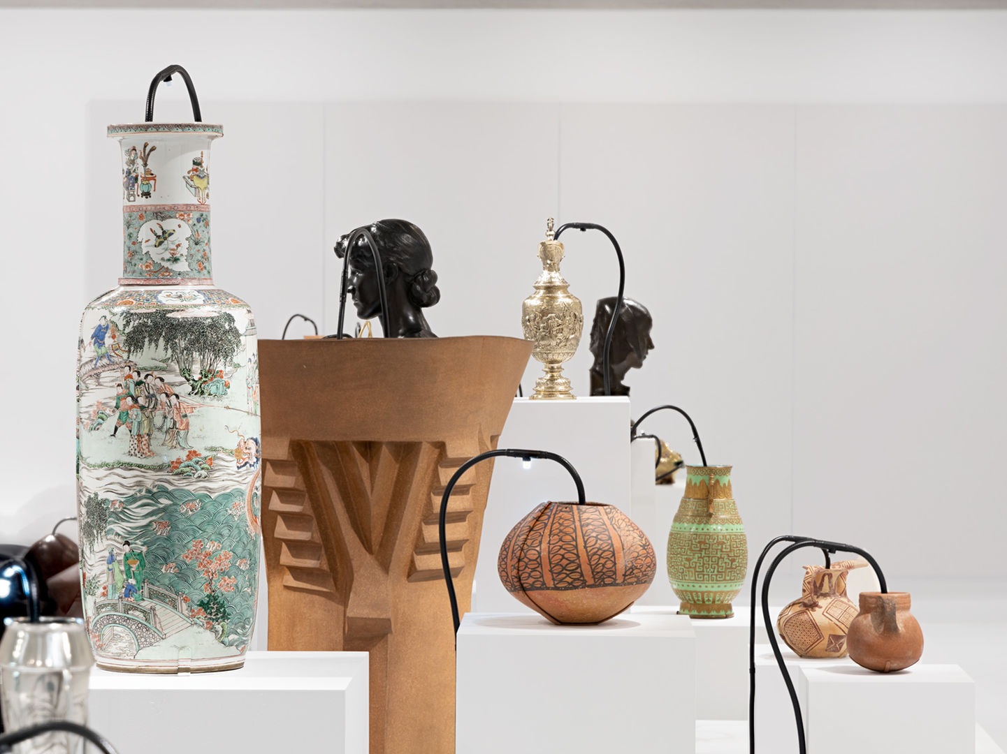 Gallery view of Oliver Beer Vessel Orchestra exhibition featuring different vessels from the museum.