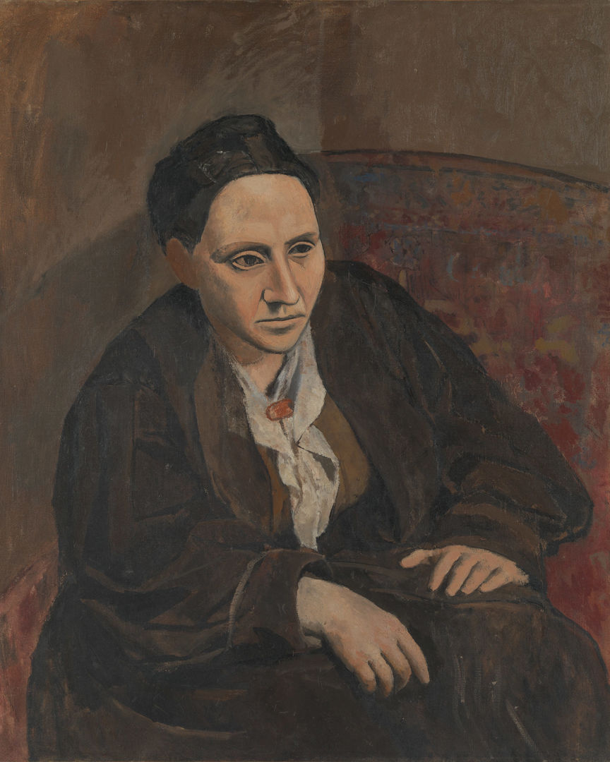 A stylized portrait of Gertrude Stein, seated with her hands on her knees, leaning forward